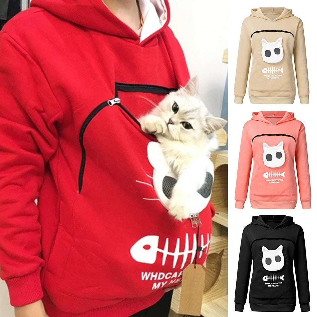 Women Hoodie Sweatshirt With Cat Pet Pocket Design Long Sleeve Sweater Cat Outfit - Skye's Zoo